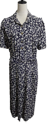 Stuart Alan Maxi Shirt Dress Short Sleeve Pleated Skirt Navy White Floral SZ 14