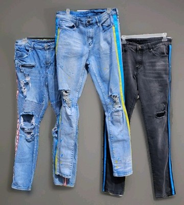 Rue 21 Premium blue denim skinny ripped denim men size 36W x 32L Lot Of 3