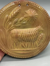 Primitive Redware Pottery Ornament Sheep Floral Design