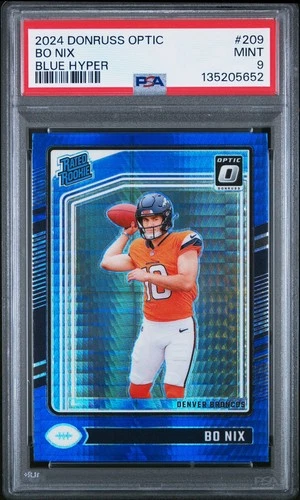 2024 Panini Donruss Optic - Rated Rookie Bo Nix 209 Blue Hyper Prizm (RC) PSA 9