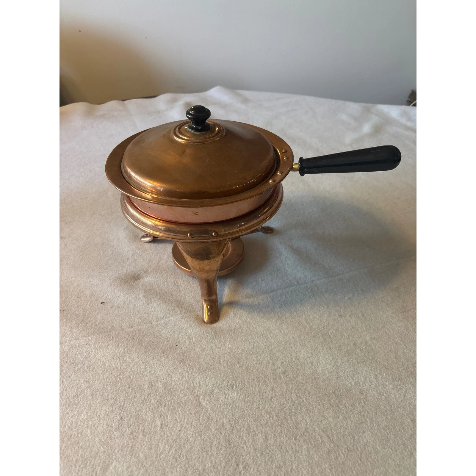 Vintage Copper Fondue Pot Burner Stand Lid Handle