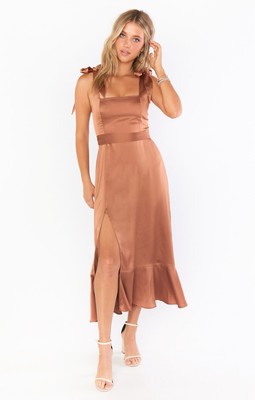 Show Me Your Mumu Claire Midi Dress M Bronze Satin Tie Strap Ruffle Hem Rose