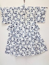 Vintage Japanese Yukata Kimono Cotton White Navy Floral Botanical Pattern