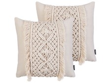 Dekokissen 2er Set Baumwolle beige 45 x 45 cm Makramee Design mit Fransen Kalam