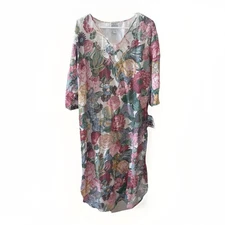 Earth Angels Floral Cotton Midi Dress Pink Green 3/4 Sleeve Women’s Small