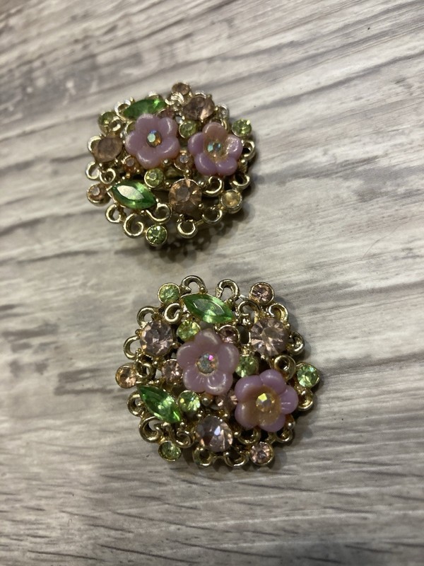 Vintage Floral Cluster Rhinestone Stud Earrings Pink Green Gold Tone