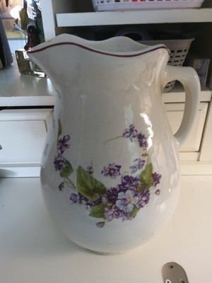 Large Antique 11'' White ?IRONSTONE? Water Pitcher, Purple Violets, Exec Vtg Cond