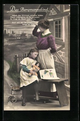 Postcard wife and daughter waiting for a miner's return home 1912 