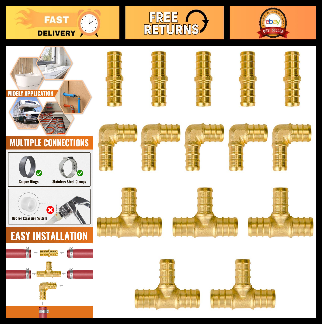 15-Pack 1/2" PEX Fittings Assortment - Elbow, Tee, Coupling Connectors, UPC Cert