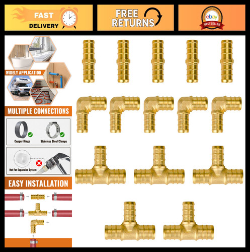 15-Pack 1/2" PEX Fittings Assortment - Elbow, Tee, Coupling Connectors, UPC Cert