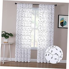 Leaves Sheer Curtain Leaf Embroidery Living Room 54"W x 95"L Pack of 2 Grey