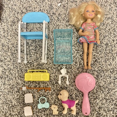 Lot Barbie Chelsea Doll Boombox Blue Bow Purse Dolphin Magic Dog