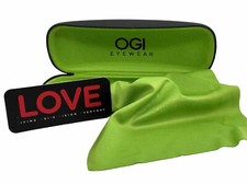 NEW OGI Eyewear Hard Eyeglasses Clamshell Case Spring Hinge Black Green W/cloth