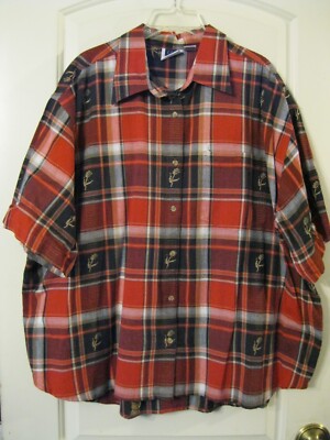 CST Sport, 3X, SS Plaid Button Front Shirt, Red/Black/White/Beige, Woven Flower