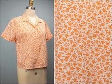 60's Orange Ditsy Floral Loop Collar Button Up Shirt Vintage Short Sleeve  M