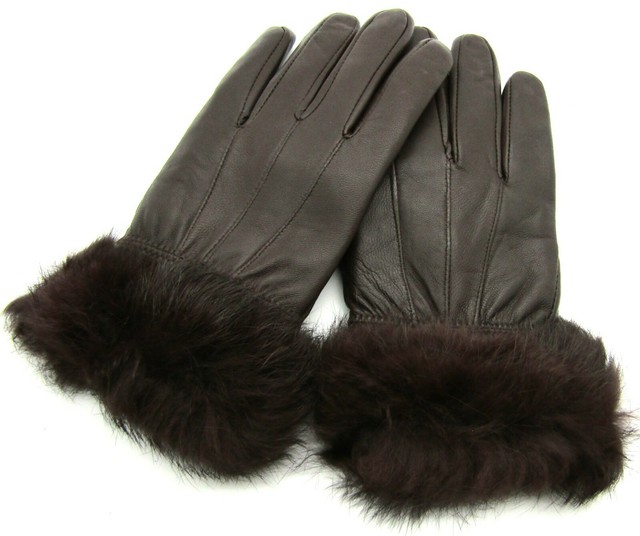 Ladies Super Soft Genuine Leather Faux Fur Trimmed Gloves Fleece Lined