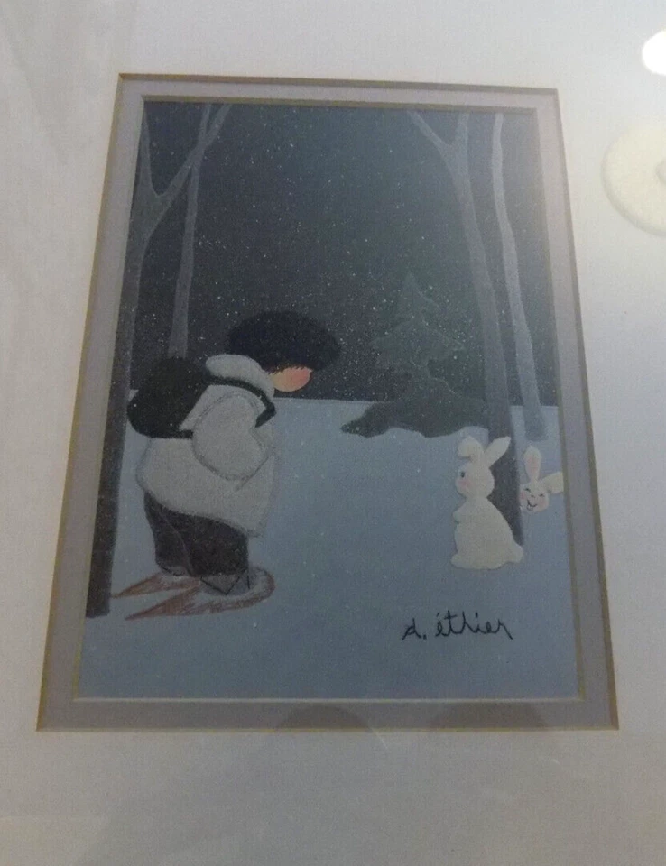 De Colección D Ethier Litografía Firmada Con Amigos Niño Zapatos para Nieve Conejito Blanco Conejos Foto 2 de 4