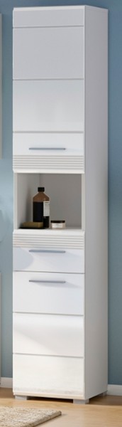 Badschrank Hochschrank Weiß Hochglanz 2-TüRig Schublade Badezimmer Schrank Leon-image