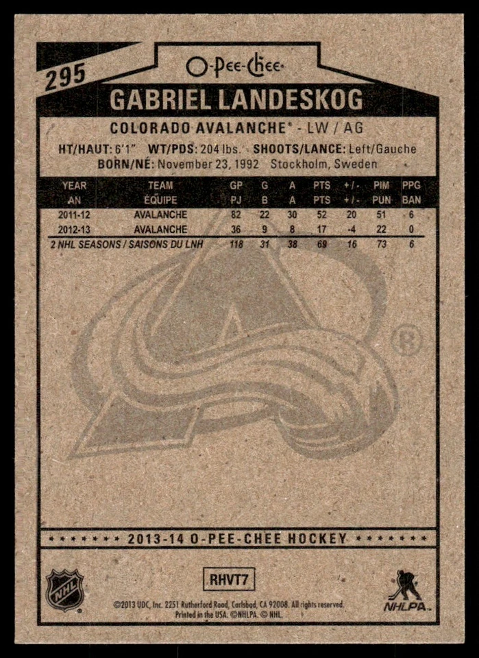 2013-14 O-Pee-Chee Gabriel Landeskog Colorado Avalanche #295 R91 - Image 2 of 2