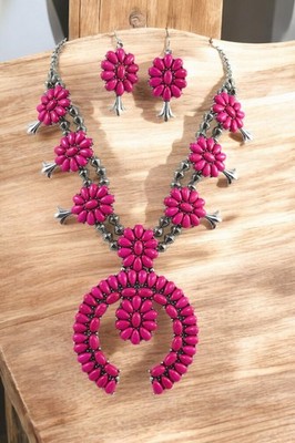 Fuchsia Squash Blossom Necklace & Earrings Set Pink Howlite Naja Western Boho