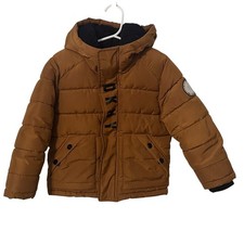 DKNY Puffer Coat Boys Size 4 Mustard Brown Hooded Quilted Outdoor Winter Gorp