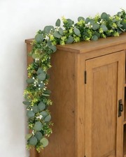 6ft Eucalyptus Garland with Boxwood and White Florals, Mixed Greenery Eucalyp...