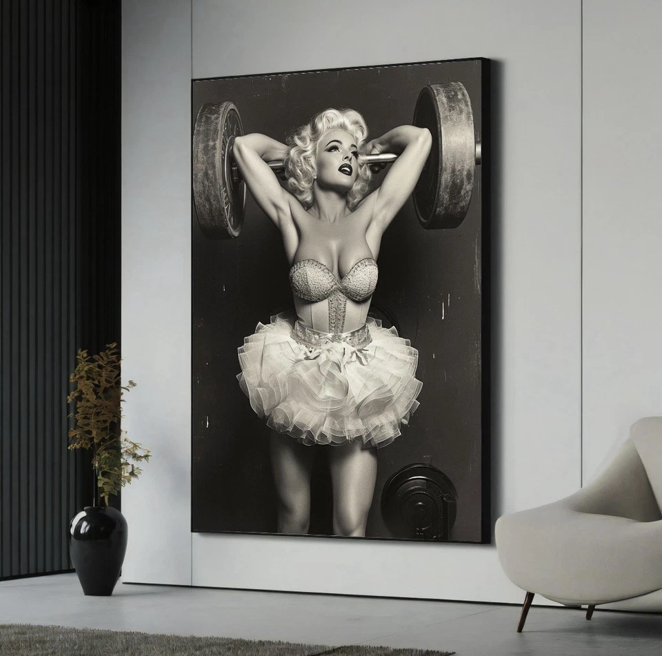 Arte de pared en lienzo Marilyn Monroe levantando pesas en tutú arte pop impresión decoración de pared Foto 2 de 4
