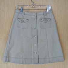 Talbots Vintage Y2K Preppy Khaki Tan Skirt Size 8 Stretch Cotton Button Front