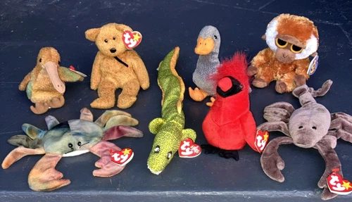 LOT of 7 VTG NWT 1990s Beanie Babies Claude Stinger Beak Mac Fuzz Honks Morri