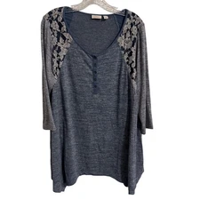 LOGO Lori Goldstein Blue Marled Lace Accent 3/4 Sleeve Tunic Top Plus Size 2X