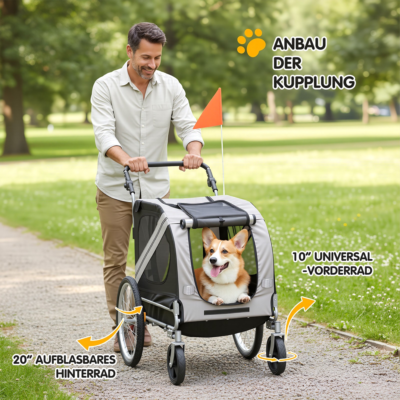Passeggino per Animali Domestici Rimorchio per Bici 2 in 1 per Cani di Taglia Media, fino a 60 kg