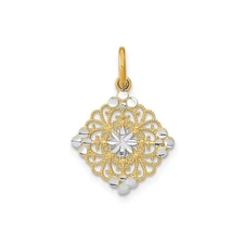 14k Two-Tone Gold Filigree Pendant Diamond-Shaped Starburst Medallion for Women