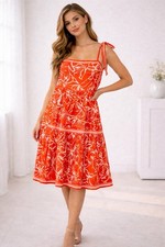 Umgee Tropical Floral Dress Tie Straps Orange White Knee Length Sundress Sz. L