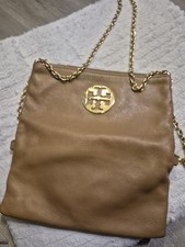 Tory Burch Tan Pebbled Leather Foldover Crossbody Bag Gold Chain Strap