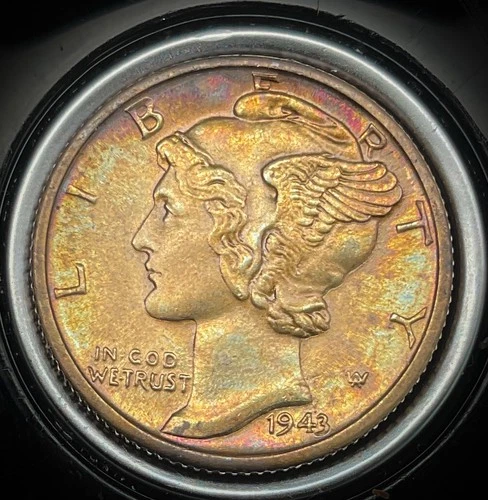 MINT GEM++ 1943 D Mercury Dime FSB GEM Choice Uncirculated w/Rainbow Tone