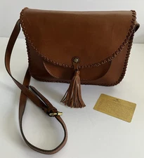 Patricia Nash Beaumont Brown Leather Tassel Flap Closure Crossbody Bag