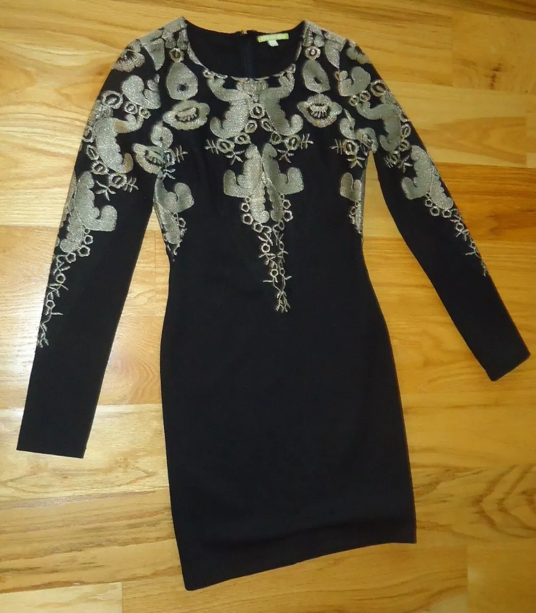 Black long sleeve clearance dress with gold embroidery