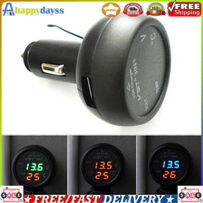 3in1 Digital Voltmeter Thermometer 12 / 24V Zigarettenanzünder USB Car Charger