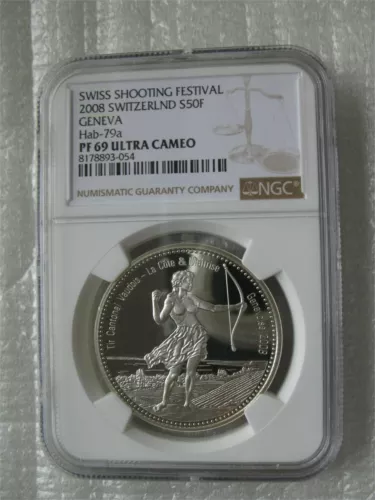 Switzerland 50 Francs 2008 Silver Proof Coin Geneva Shooting Festival NGC PF69
