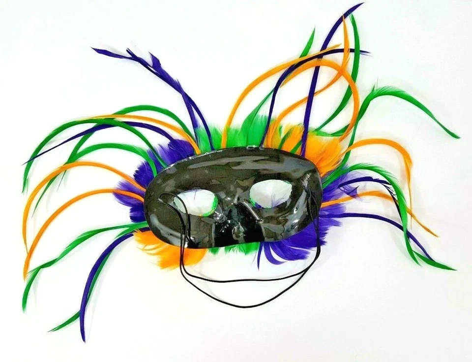 Mardi Gras Mask Multi Colored Feather Mask With Green Sequins - Image 4 of 4