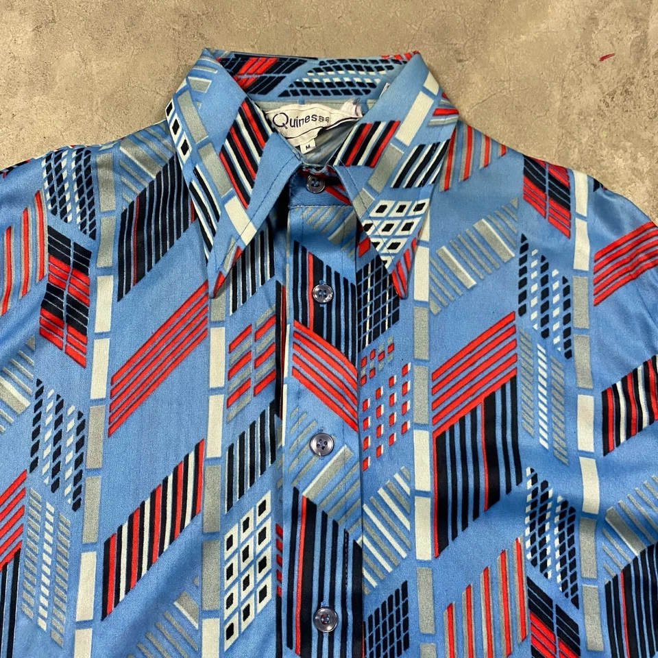 Vintage 60s 70s Disco Shirt Nylon Quinessa Dagger Collar Club Mod Men’s M - Image 2 of 4