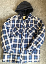 Boston Traders Jacket Shacket Men Medium Blue White Plaid Quilted Hooded Flannel