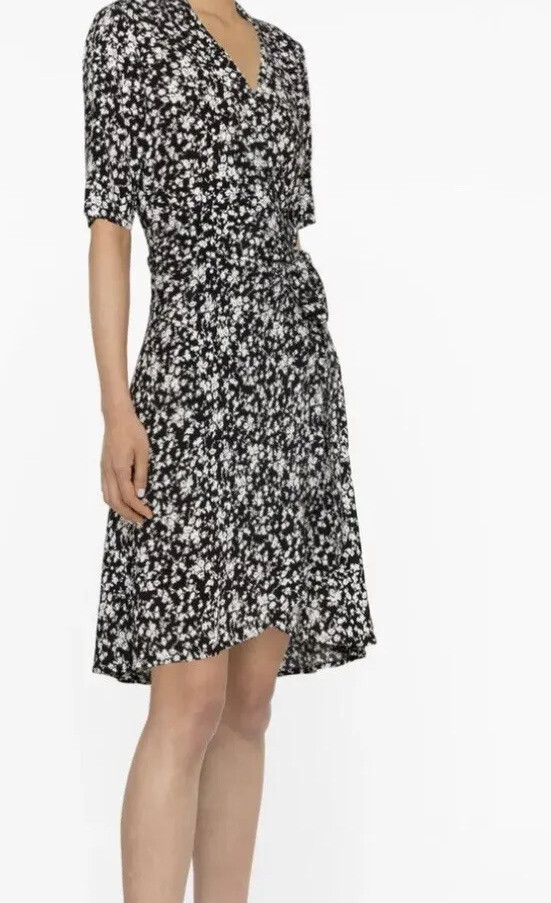 NEW GANNI Crepe Floral Print Wrap Black/White Dress sz 32/ 0