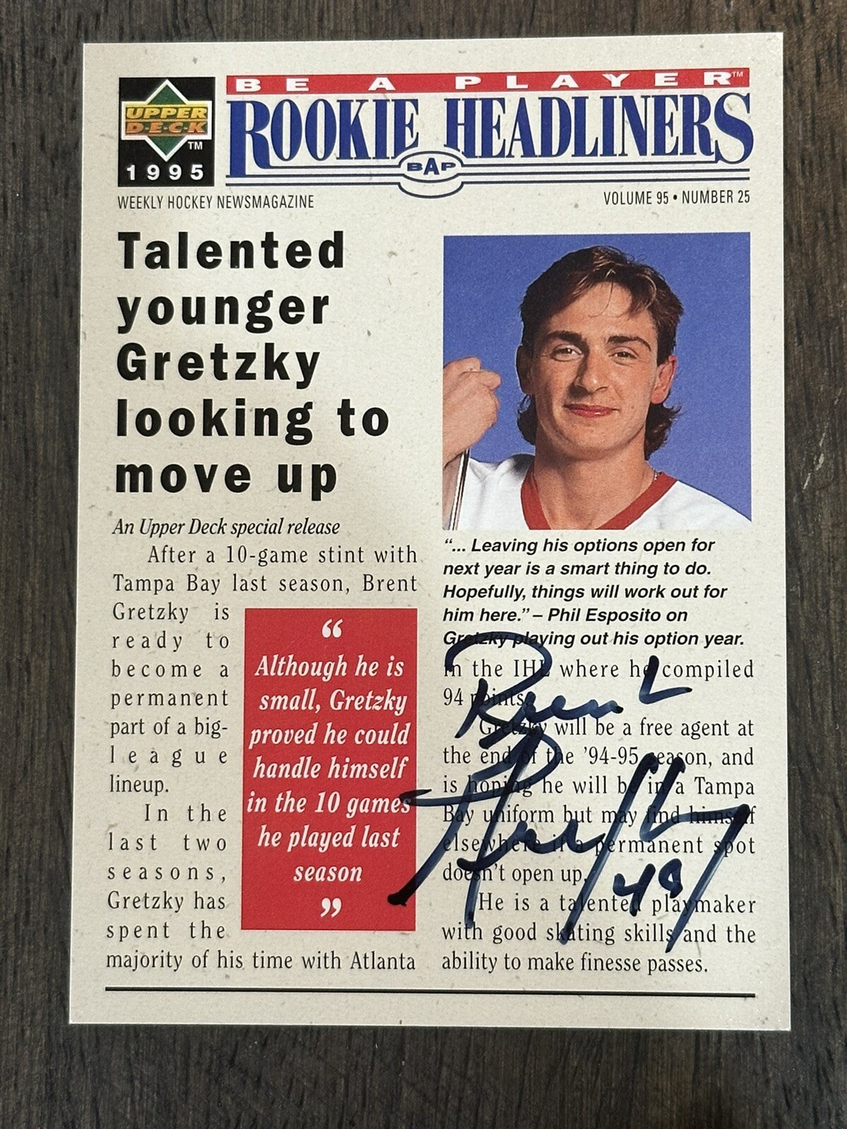 1994-95 Upper Deck Be A Player Rookie Headliners Brent Gretzky AUTO Lightning