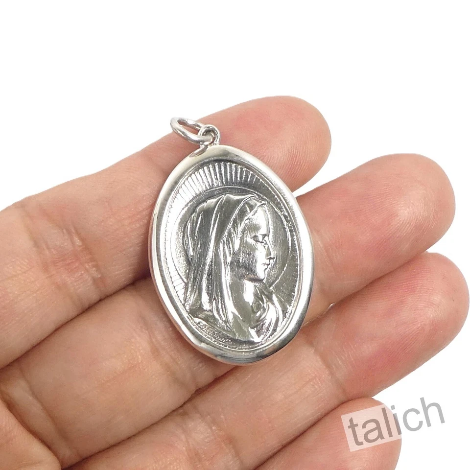 Colgante amuleto ovalado de plata de ley 925 maciza pulida de Santa Virgen María regalo Foto 3 de 4