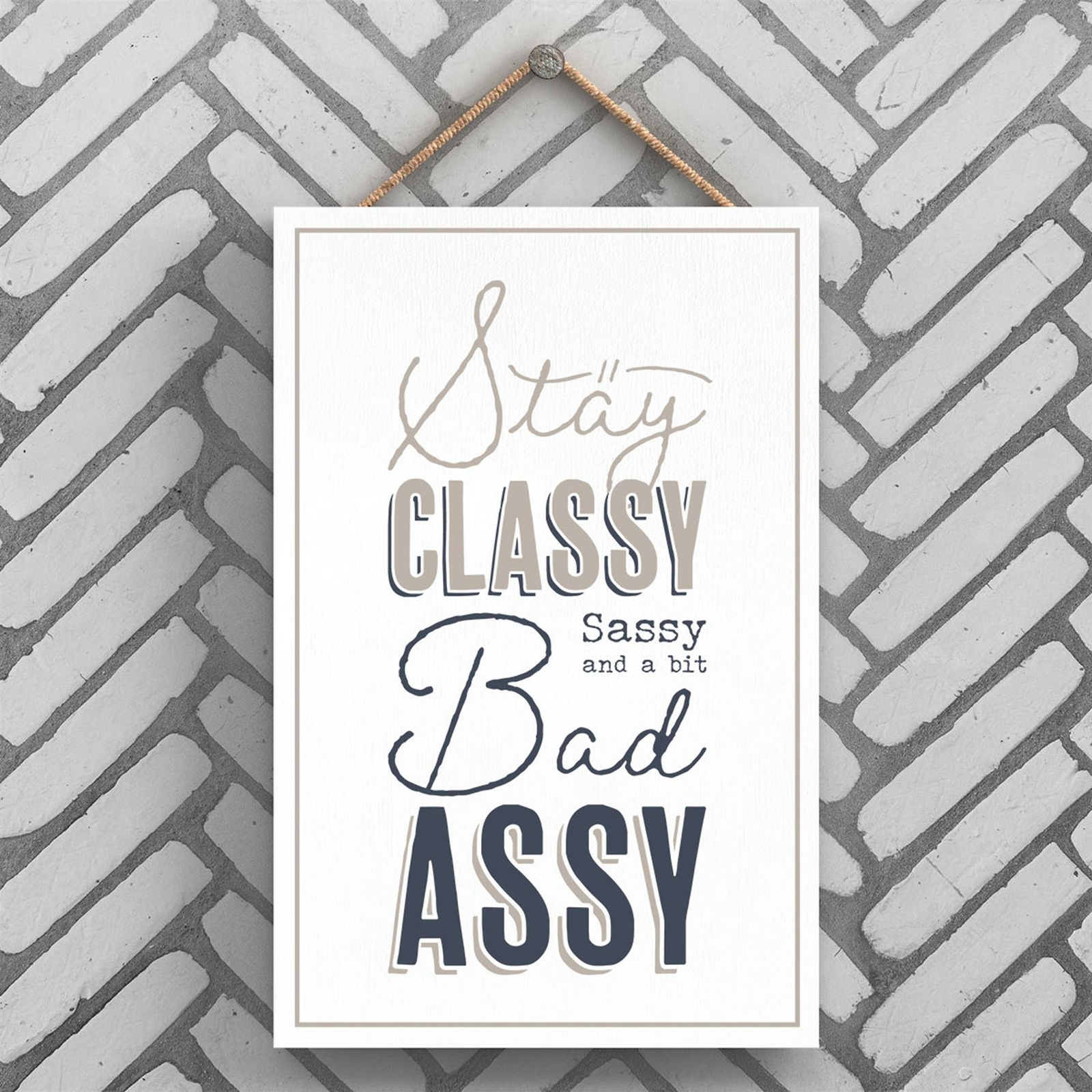 CLASSY SASSY BAD ASSY MODERN GREY TYPOGRAPHY HOME HUMOUR WOODEN HANGING PLAQUE