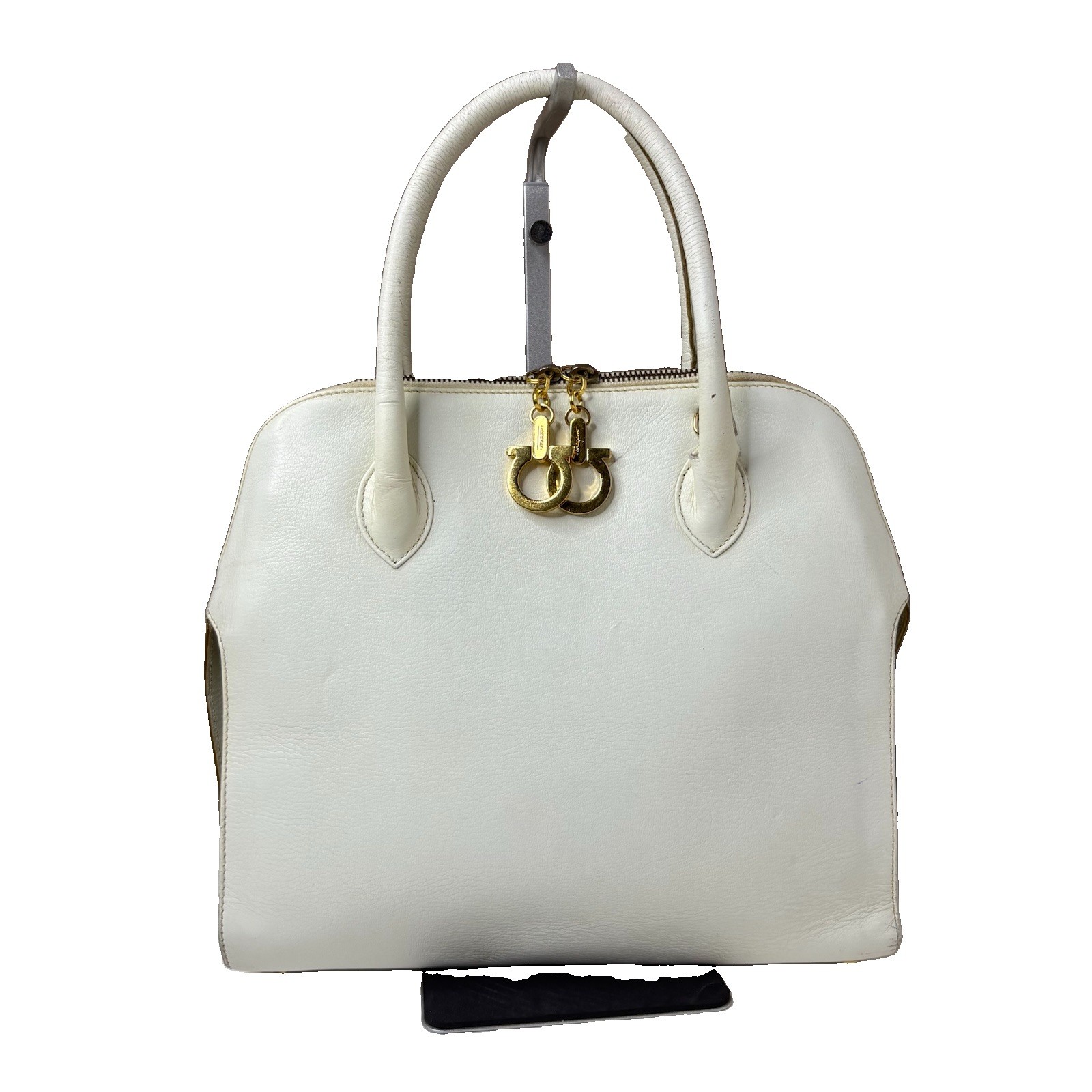Salvatore Ferragamo Gancini Hand Bag Leather White Gold Auth