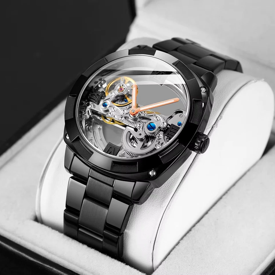Reloj Automático Hombre Skeleton Tourbillon Mecánico Acero Inoxidable Impermeable Foto 3 de 4