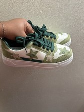 Green & White Star Pattern Low Top Lace-Up At...