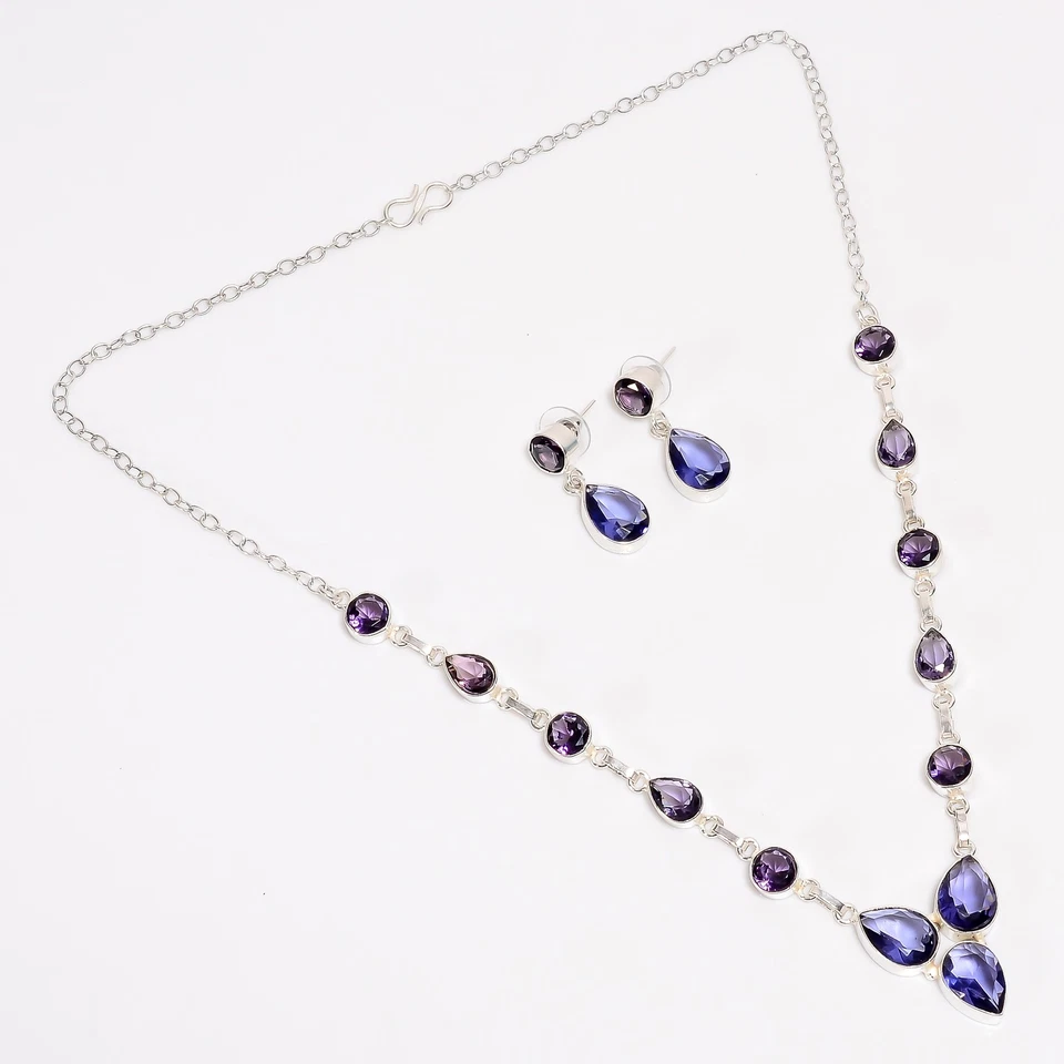 Amethyst Iolite Gemstone Pear Ethnic Handmade Silver Jewelry Set 1.2" 20" y371 - Image 2 of 4